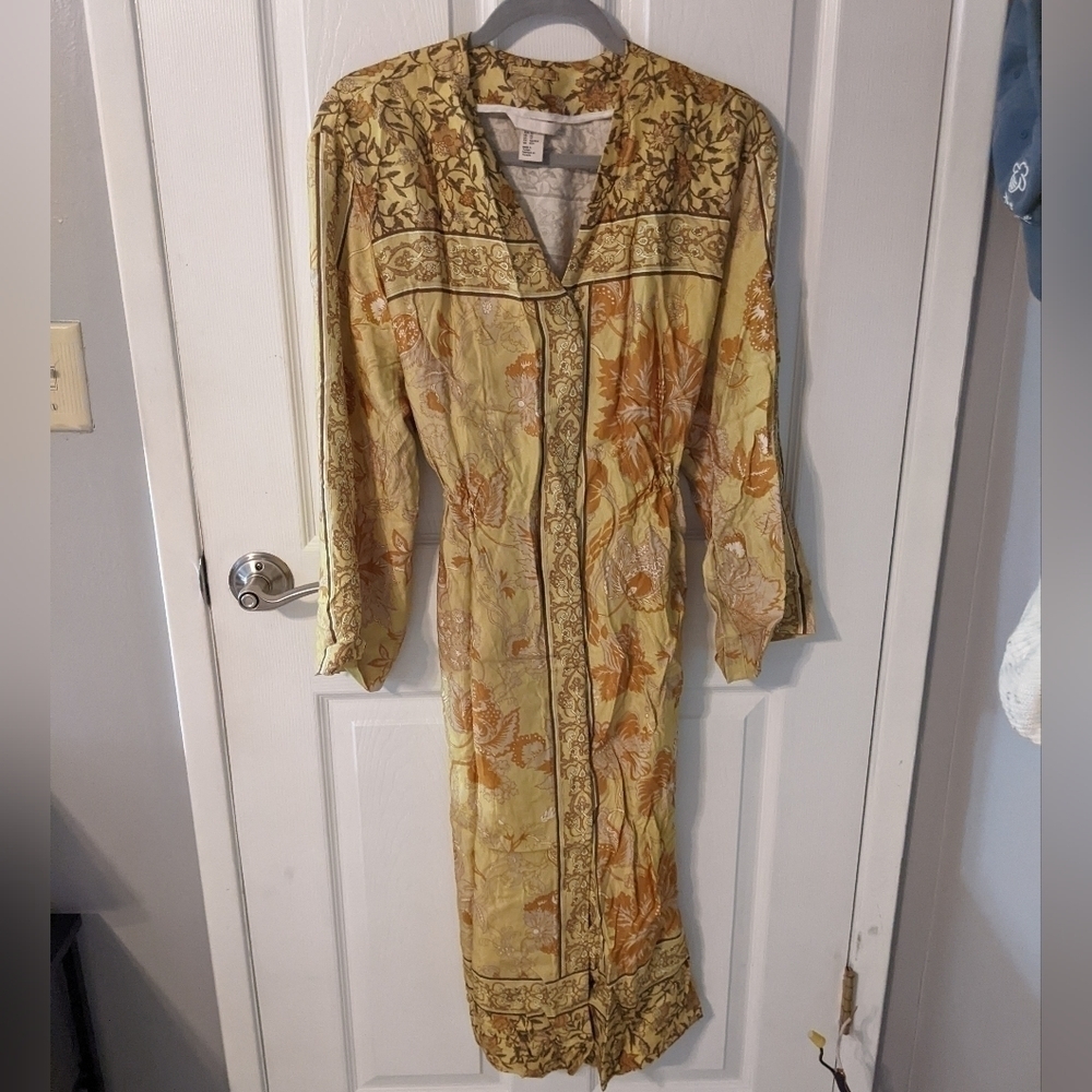 Kimono Style Oversized Cinch Sides Maxi Button‎ Up Yellow Dress from H&M Size XS